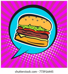 Bright retro comic speech bubble with burger symbol. Outline colorful hamburger on cute circle shape bubble with purple stripes and halftone background for advertisement design, banner, label, menu