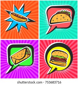 Bright retro comic speech bubbles with fast food symbols. Outline colorful taco, burrito, hamburger, hot dog on cute cartoon bubbles with stripes and halftone background