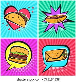 Bright retro comic speech bubbles with cute fastfood symbols. Outline colorful taco, burrito, hamburger, hot dog on cute cartoon bubbles with shiny stripes for restaurant menu advertisement