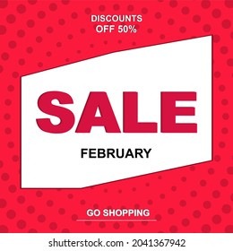 Diseño retro luminoso sobre un fondo rojo. Venta en febrero. Cartel con oferta de compras y precios con descuento. Ilustración del vector