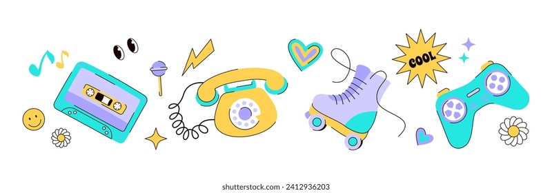 Bright retro elements. Nostalgia for the 90s. Audio cassette, phone, rollers, joystick
