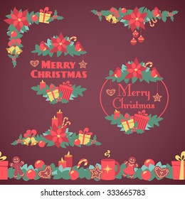 Bright retro flat christmas decorations, seamless border, corner,frames with xmas elements.