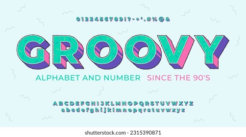 Bright retro font 90's, 80's in cartoon style. Vector retro alphabet with letters symbols and numbers.