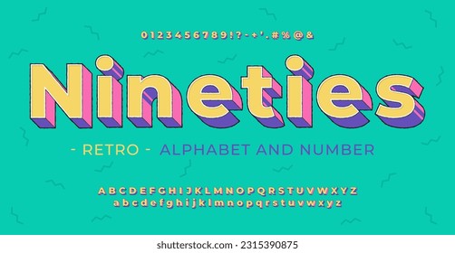 Bright retro font 90's, 80's in cartoon style. Vector retro alphabet with letters symbols and numbers.