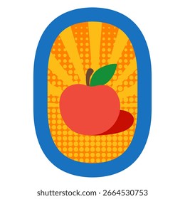 Diseño de pegatina de fruta retro brillante con una manzana roja con hojas verdes sobre un fondo amarillo vibrante enmarcado en azul, perfecto para etiquetas, empaques, marcas y comercialización de productos orgánicos frescos.