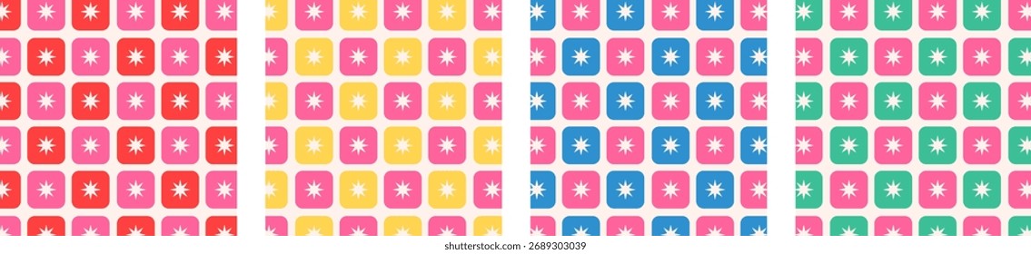 Brillantes patrones geométricos retro sin costuras inspirados en los años 60 y 70, perfectos para Fondo de pantalla, tela, embalaje y proyectos de diseño vintage.