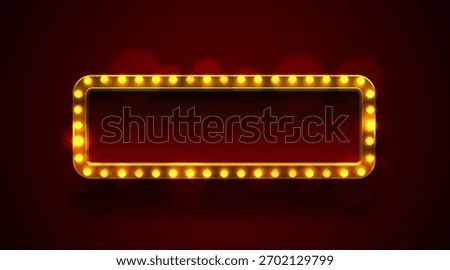 Bright retro golden frame with light bulbs on a dark background. Great for advertisement, promotion, or event design. Vector illustration.