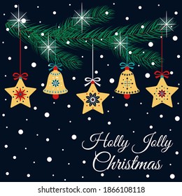 bright retro greeting card with Christmas stars, bells, a fir branch and snow