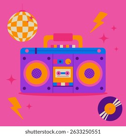 Bright retro illustration of a cassette boombox with disco ball, vinyl, and lightning bolts. Fun 80s music party vibe in bold neon colors on a pink background.