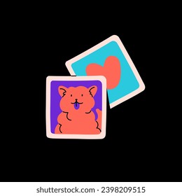 Bright retro images, vintage picture with dog, heart. 80s nostalgia cards, 90s memory square inverse photos. Puppy negative photography, retrowave remembrance. Flat isolated vector illustration