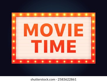 Bright retro movie theater sign with glowing lights and bold text. Vector icon