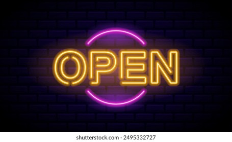 Bright Retro Neon Sign Displaying The Word Open In Yellow And Pink Colors Against A Dark Brick Wall. Vector Signboard