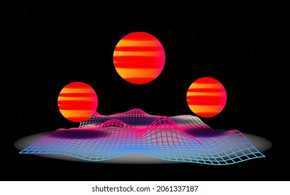 Bright retro orange blue background cyberpunk futuristic landscape, vintage, style with planets and grid.