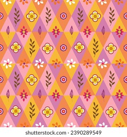 Bright retro pattern with flowers and leaves. Hippie style 70s and 80s. Colored rhombuses. Vector. For packaging, textiles, clothing and decoration.