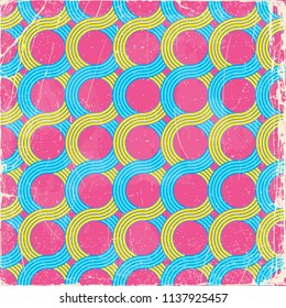 Bright retro pattern with scratches, made of waves, lines and circles. Vector seamless background.