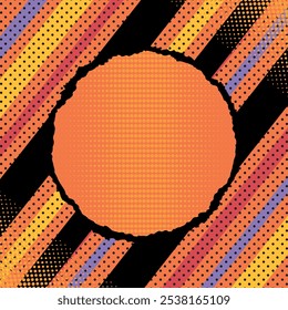 Bright retro pop art style background with torn paper round shape, stripes and polka dot pattern. Vector illustration