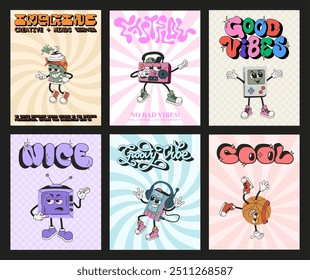 Bright retro posters featuring playful cartoon characters, bold typography and nostalgic 90s vibes. Y2K groovy characters posters set with funky lettering. Cartoon retro brochure. Vector collection