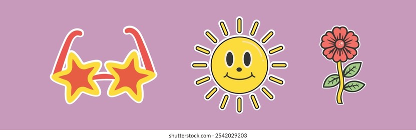 Bright Retro Sticker Vetor Set com óculos de sol estrela, Sol sorridente, e flor para divertimento e alegre projetos vintage

