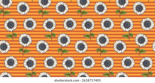 Bright retro striped seamless pattern with white sketch drawing engraved sunflowers on orange and red background. Hand drawn detailed outline sun flower print for textile, wrapping paper, surface