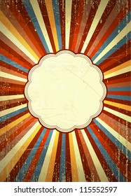 Bright retro style background with radial rays and a placeholder in the center. Scratches and grungy elements on a separate layer. EPS10 vector.