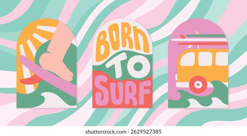 Bright retro style surf card, banner template. Modern abstract summer illustration, quote Born to surf, ocean waves, van vector cover, print