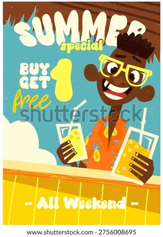 Bright retro summer poster with smiling character holding cocktails. Promotional design with special offer buy one get one free. Perfect for cafe, bar, restaurant, menu, flyer or social media advertising.