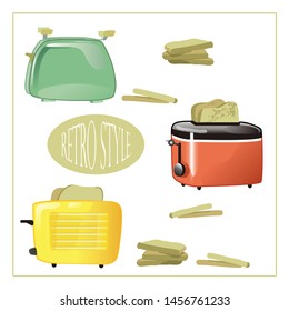 
Bright retro toasters. Kitchen appliances. Small household appliances. Toast from bread. Kitchen electric appliance for sandwiches.
