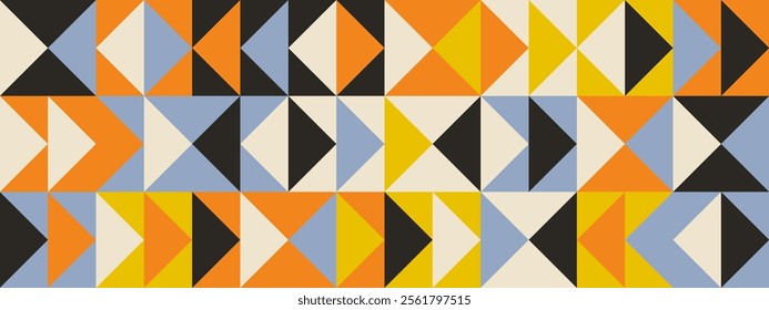 Bright retro triangle seamless pattern. Abstract geometric mid century background. Colorful Swiss modernist or postmodernist style wallpaper. Vector modular repeating overlay. Colorful mural backdrop