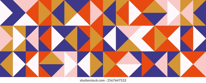 Bright retro triangle seamless pattern. Abstract geometric mid century background. Colorful Swiss modernist or postmodernist style wallpaper. Vector modular repeating texture. Colorful mural backdrop