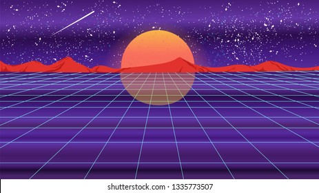 Bright retro violet background futuristic landscape 1980s style with sun, reflection and the mountains