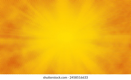 Fondo de Vector de degradado amarillo retro brillante patrón de punto de semitono. Vibrante transición de patrón circular naranja.