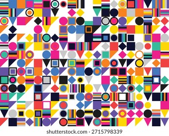 Fondo de estilo de Memphis retro-futurista brillante, patrón repetitivo irregular con Formas de Vector plano superpuestas e intersecadas e ilustración divertida para la promoción de moda o eventos