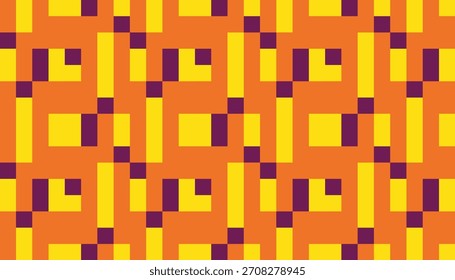 Brillante patrón de bloque de inspiración retro. Un colorido patrón repetitivo hecho de Formas geométricas en bloques en tonos cálidos naranja y amarillo con acentos púrpura profundo, creando un aspecto retro-moderno
