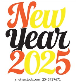 Bright and retro-inspired New Year 2025 design featuring vibrant orange, yellow, and black typography.