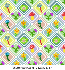 Bright retro-style floral pattern with geometric touch. Ideal for textiles, wallpapers, and home decor.