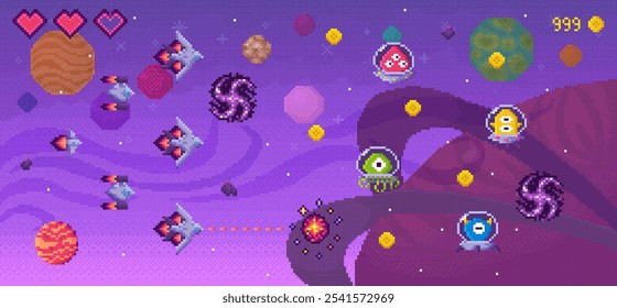 Brillante escena del espacio exterior de estilo retro con naves espaciales disparando a extraterrestres entre planetas y estrellas. Muestra puntuación y vidas. Video Ideal para juegos, temas de ciencia ficción, arte retro, aventuras espaciales y píxeles
