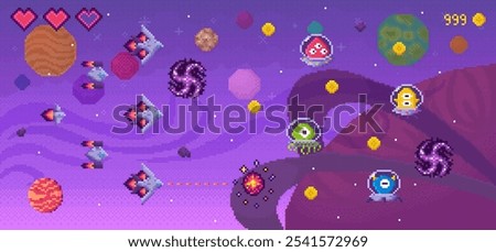 Bright, retro-styled outer space scene with spaceships firing at aliens among planets and stars. Shows score and lives. Ideal for video games, sci-fi themes, retro art, space adventures, and pixel