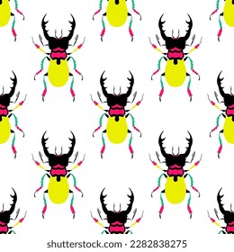 Bright rhino bugs on the white background. Cute seamless pattern