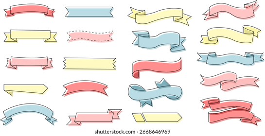 Conjunto de vetores de banner de fita brilhante com cores pastel contornadas. Perfeito para gráficos criativos, cartões de felicitações, scrapbooking digital e projeto decorativo