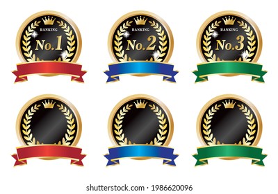 
Bright ribbon and black and gold luxury ranking medal icon set