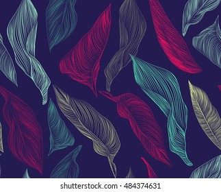 
diseño luminoso y rico, sin fisuras vectorial con la imagen de hojas lineales lujosas , flores tropicales de color rojo - Cannes . ilustración brillante neón