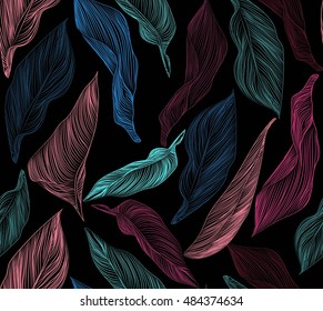 
bright, rich design seamless vector pattern with the image of linear leaves luxurious , bright , red tropical flowers - Cannes . neon glowing illustration