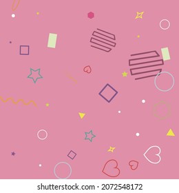 Bright Ring Green Square Yellow Oval Orange Hipster Background. Zigzag Stars Simple Pink Rectangle Purple Sweet Illustration. Red Blue Wave Polygonal Colorful Violet Hearts Geometry Illustration.