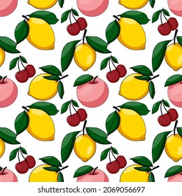 Cerezas maduras brillantes, limones y manzanas en estilo de caricatura con contorno negro patrón sin fisuras sobre fondo blanco.