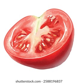 Bright, ripe red tomato with green stem and leaves, isolated on a white background. Perfect for culinary, gardening, or health-related projects. High-quality, vibrant, and detailed illustration.