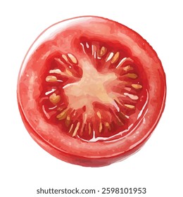 Bright, ripe red tomato with green stem and leaves, isolated on a white background. Perfect for culinary, gardening, or health related projects. High quality, vibrant, and detailed illustration.