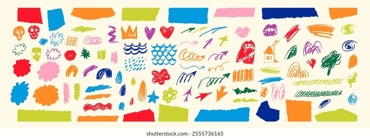 Bright ripped papers and crayon hand-drawn childish doodle icons. Vector arrows, swirls, spirals, hearts, mermaid scales, clouds, trees, skulls. Grungy scribbled colored charcoal crown, flower, house