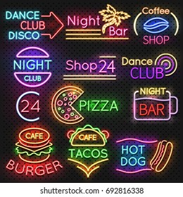 Bright roadside neon signs. Fast food and beer pub light vector icons. Hot dog and burger, tacos and pizza, vector illustration