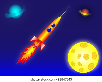 The bright  rocket in the space between planets, on the blue background.