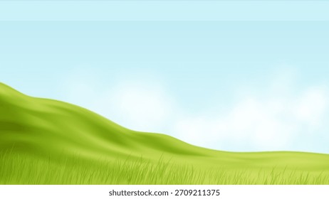 Bright rolling green hills under a clear blue sky convey calm, fresh nature and open space, vector illustration background